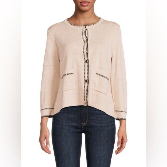 Adrianna Papell Sweaters - Tipped Button Front Cardigan Champagne Blush/ Black XL NWT